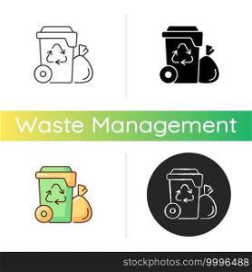 Residential waste collection icon. Garbage pickup from home. Household waste. Residential services. Disposing solid refuse. Linear black and RGB color styles. Isolated vector illustrations. Residential waste collection icon
