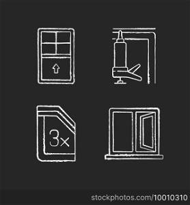 Residential window and door installation chalk white icons set on black background. Single-hung windows. Heat, cooling loss reduction. Ventilation control. Isolated vector chalkboard illustrations. Residential window and door installation chalk white icons set on black background