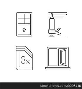 Residential window and door installation linear icons set. Single-hung windows. Ventilation control. Customizable thin line contour symbols. Isolated vector outline illustrations. Editable stroke. Residential window and door installation linear icons set