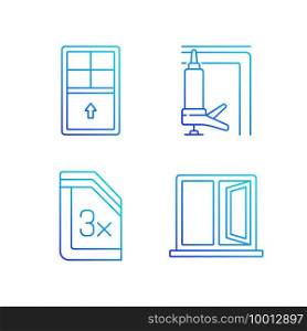 Residential window and door installation RGB color icons set. Single-hung windows. Heat, cooling loss reduction. Thin line contour symbols bundle. Isolated vector outline illustrations collection. Residential window and door installation RGB color icons set