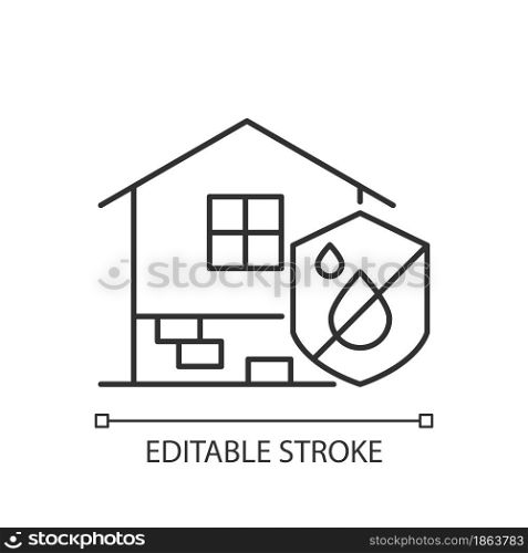 Resistance to dampness linear icon. Damp proofing. Building moisture resistant house. Thin line customizable illustration. Contour symbol. Vector isolated outline drawing. Editable stroke. Resistance to dampness linear icon
