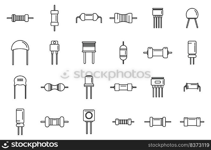 Resistor icons set outline vector. Capacitor chip. Battery board. Resistor icons set outline vector. Capacitor chip