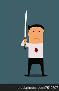 Resolute and unswerving businessman holding katana sword, ready to fight, for business challenge design. Cartoon flat style
