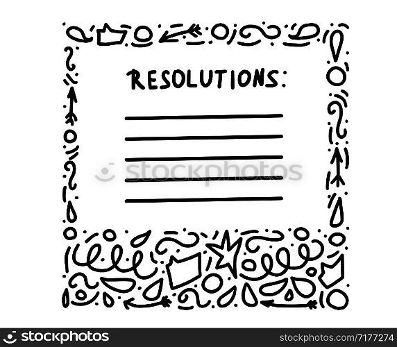 Resolutions template. Blank for goals with decoration in doodle style. Vector illustration.