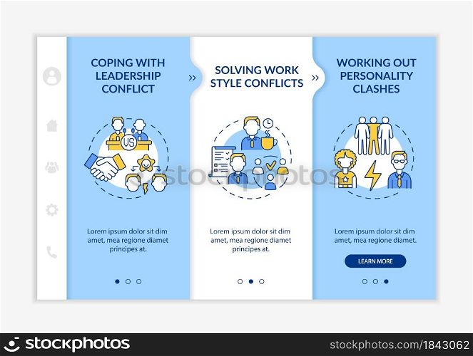 Resolving team conflicts onboarding vector template. Responsive mobile website with icons. Web page walkthrough 3 step screens. Communication color concept with linear illustrations. Resolving team conflicts onboarding vector template