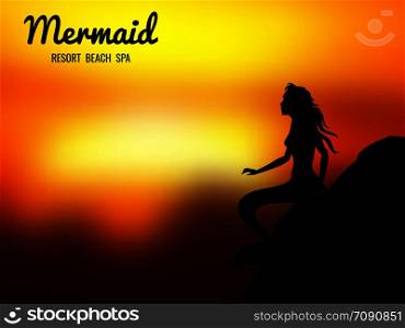 Resort beach spa background. Mermaid silhouette and sunrise. Vector illustration. Mermaid silhouette sunrise
