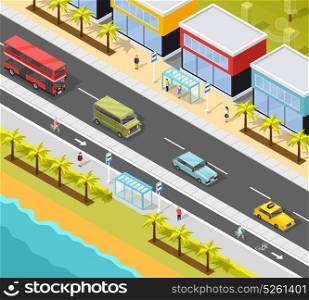 Resort City Transport Background. Transport conceptual composition of resort town beach scenery and road with bus stops and different vehicles vector illustration