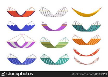 Resort hammock. Outdoor relax time. Recreational fabric objects and hanging couches. Beach or garden beds. C&ing swings. Summer seats. Suspended cloth. Vector isolated picnic canvas furniture set. Resort hammock. Outdoor relax time. Recreational fabric objects and hanging couches. Beach or garden summer beds. C&ing swings. Suspended cloth. Vector picnic canvas furniture set