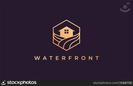 resort logo with a hexagon base shape with ocean wave and window