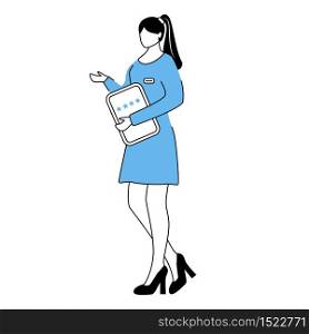 Resort manager flat vector illustration. Woman in dress holding clipboard with rating stars. Service staff, hospitality employee. Hotel administrator cartoon character with outline on white