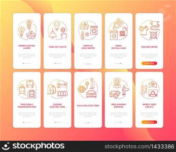 Resource effectiveness onboarding mobile app page screen with concepts set. Energy sustainable consumption walkthrough five steps graphic instructions. UI vector template with RGB color illustrations. Resource effectiveness onboarding mobile app page screen with concepts set