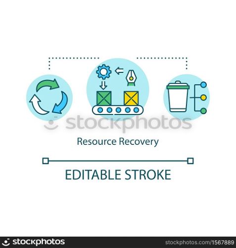 Resource recovery concept icon. Responsible production reusing waste. Recycle trash. Garbage disposal idea thin line illustration. Vector isolated outline RGB color drawing. Editable stroke. Resource recovery concept icon