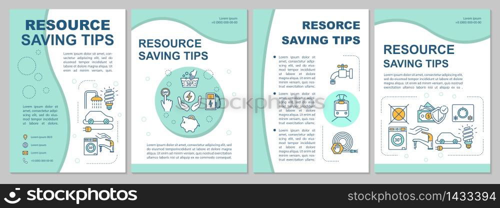 Resource saving tips brochure template. Sustainable consumption. Flyer, booklet, leaflet print, cover design with linear icons. Vector layouts for magazines, annual reports, advertising posters. Resource saving tips brochure template