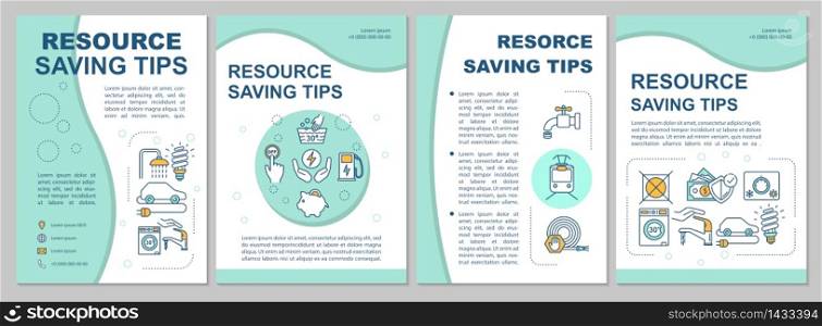 Resource saving tips brochure template. Sustainable consumption. Flyer, booklet, leaflet print, cover design with linear icons. Vector layouts for magazines, annual reports, advertising posters. Resource saving tips brochure template