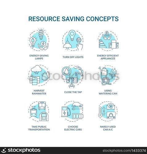 Resource saving turquoise concept icons set. Sustainable consumption. Reduce home supply usage idea thin line RGB color illustrations. Vector isolated outline drawings. Editable stroke. Resource saving turquoise concept icons set