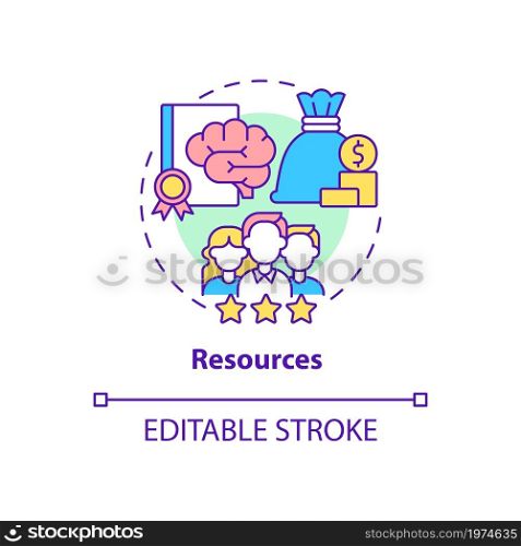 Resources concept icon. Key components for corporate production. Organizational components. Business model abstract idea thin line illustration. Vector isolated outline color drawing. Editable stroke. Resources concept icon