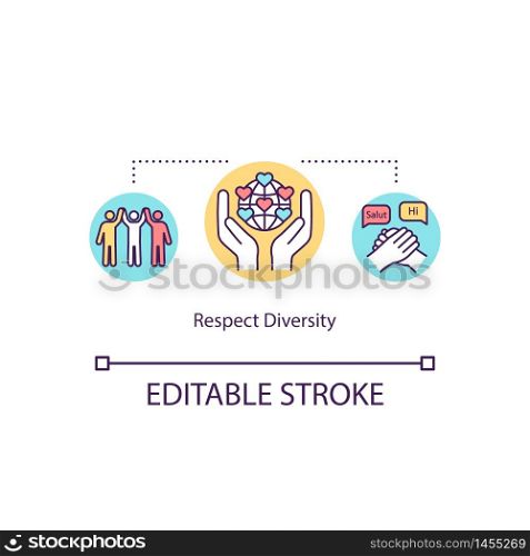 Respect diversity concept icon. Multiracial solidarity. Multiethnical union. National equality. Multiculturalism idea thin line illustration. Vector isolated outline RGB color drawing. Editable stroke. Respect diversity concept icon