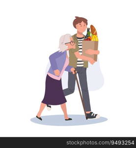 respect for pensio≠rs concpet. Smiling Young man Helps Senior Grandmother Carry Grocery Bag. Smiling caring girl assist senior granny. 