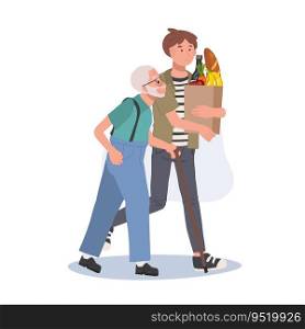 respect for pensioners concpet. Smiling Young man Helps Senior Grandfather Carry Grocery Bag. Smiling caring man assist senior grandpa. 