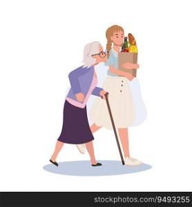 respect for pensioners concpet. Smiling Young Woman Helps Senior Grandmother Carry Grocery Bag. Smiling caring girl assist senior granny. 