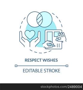 Respect wishes turquoise concept icon. Build healthy relationships abstract idea thin line illustration. Compromising. Isolated outline drawing. Editable stroke. Arial, Myriad Pro-Bold fonts used. Respect wishes turquoise concept icon