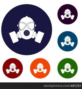 Respirator icons set in flat circle red, blue and green color for web. Respirator icons set