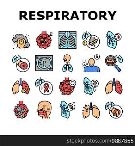 Respiratory Disease Collection Icons Set Vector. Lungs Infection, Asthma And Tuberculosis, Bronchiectasis And Cystic Fibrosis Respiratory Ill Concept Linear Pictograms. Contour Color Illustrations. Respiratory Disease Collection Icons Set Vector