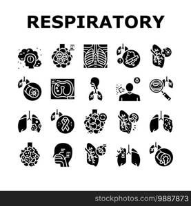 Respiratory Disease Collection Icons Set Vector. Lungs Infection, Asthma And Tuberculosis, Bronchiectasis And Cystic Fibrosis Respiratory Ill Glyph Pictograms Black Illustrations. Respiratory Disease Collection Icons Set Vector