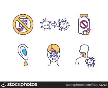 Respiratory illness RGB color icons set. Ear infection. Virus mutation. Viral sore throat. Inflammation. Avoiding antibiotics. Bacteria, viruses, allergies. Isolated vector illustrations. Respiratory illness RGB color icons set