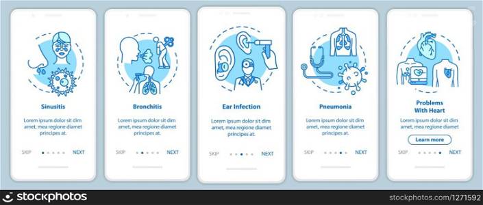 Respiratory infection onboarding mobile app page screen with concepts. Influenza complication walkthrough 5 steps graphic instructions. UI vector template with RGB color illustrations