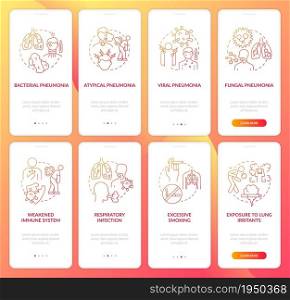 Respiratory inflammation onboarding mobile app page screen set. Pneumonia categories walkthrough 4 steps graphic instructions with concepts. UI, UX, GUI vector template with linear color illustrations. Respiratory inflammation onboarding mobile app page screen set
