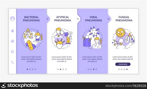 Respiratory inflammation types onboarding vector template. Responsive mobile website with icons. Web page walkthrough 4 step screens. Viral and fungal pneumonia color concept with linear illustrations. Respiratory inflammation types onboarding vector template