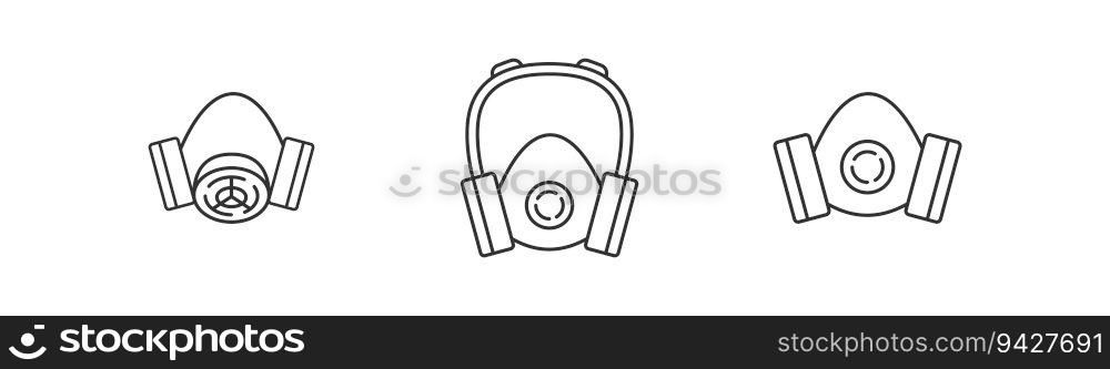 Respiratory mask for face icon set isolated on white background. Respirator with filters symbol. Health safety equipment, military, chemistry, medical, toxic. Outline design for web UI. Vector illustration.. Respiratory mask for face icon set isolated on white background. Respirator with filters symbol. Health safety, military, chemistry, medical, toxic. Outline design for web UI. Vector illustration.
