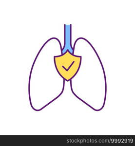 Respiratory protection RGB color icon. Airways and lungs safety. Preventing occupational illness. Removing contaminants in workplace air. Personal protective equipment. Isolated vector illustration. Respiratory protection RGB color icon