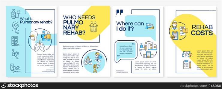 Respiratory recovery blue and yellow brochure template. Flyer, booklet, leaflet print, cover design with linear icons. Vector layouts for presentation, annual reports, advertisement pages. Respiratory recovery blue and yellow brochure template