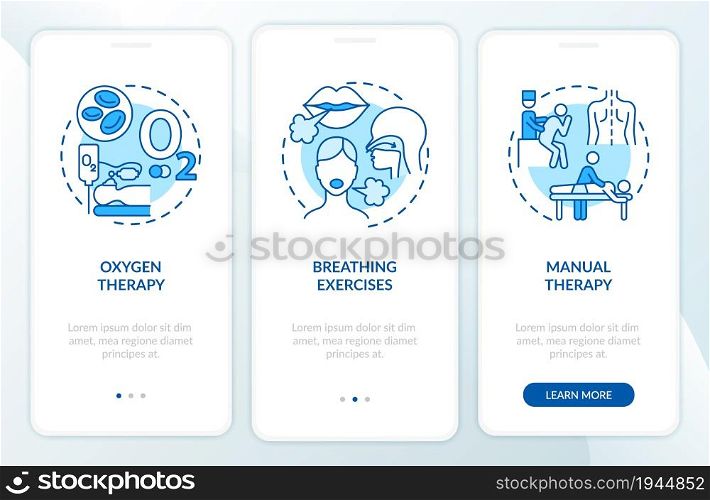 Respiratory rehabilitation blue onboarding mobile app page screen. Recovery therapy walkthrough 3 steps graphic instructions with concepts. UI, UX, GUI vector template with linear color illustrations. Respiratory rehabilitation blue onboarding mobile app page screen