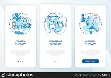 Respiratory rehabilitation blue onboarding mobile app page screen. Recovery therapy walkthrough 3 steps graphic instructions with concepts. UI, UX, GUI vector template with linear color illustrations. Respiratory rehabilitation blue onboarding mobile app page screen