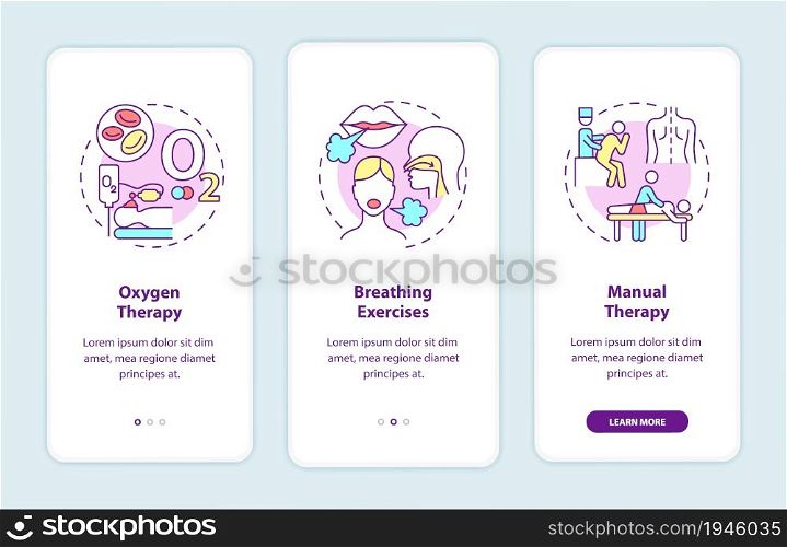 Respiratory rehabilitation onboarding mobile app page screen. Recovery therapy walkthrough 3 steps graphic instructions with concepts. UI, UX, GUI vector template with linear color illustrations. Respiratory rehabilitation onboarding mobile app page screen