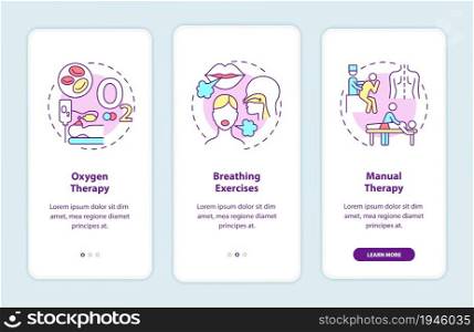 Respiratory rehabilitation onboarding mobile app page screen. Recovery therapy walkthrough 3 steps graphic instructions with concepts. UI, UX, GUI vector template with linear color illustrations. Respiratory rehabilitation onboarding mobile app page screen