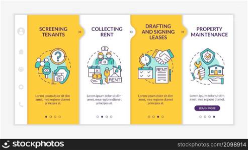 Responsibilities of property manager yellow onboarding template. Agency work. Responsive mobile website with linear concept icons. Web page walkthrough 4 step screens. Lato-Bold, Regular fonts used. Responsibilities of property manager yellow onboarding template