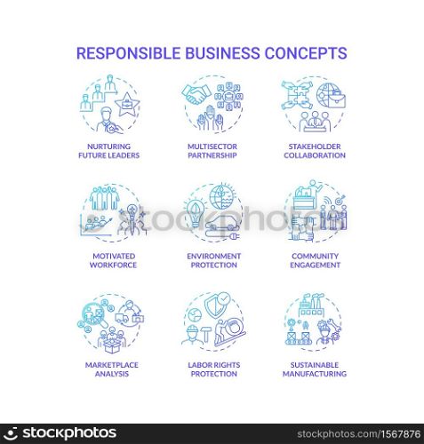 Responsible business blue gradient concept icons set. Nurture future leader. Environment protection. Sustainable development idea thin line RGB color illustrations. Vector isolated outline drawings. Responsible business blue gradient concept icons set