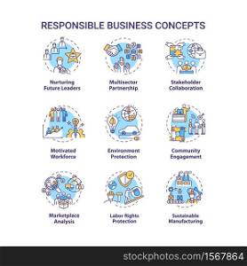 Responsible business concept icons set. Nurture future leader. Environment protection. Sustainable development idea thin line RGB color illustrations. Vector isolated outline drawings. Editable stroke. Responsible business concept icons set