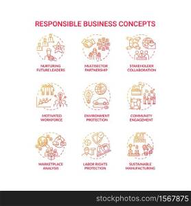 Responsible business red gradient concept icons set. Nurture future leader. Environment protection. Sustainable development idea thin line RGB color illustrations. Vector isolated outline drawings. Responsible business red gradient concept icons set
