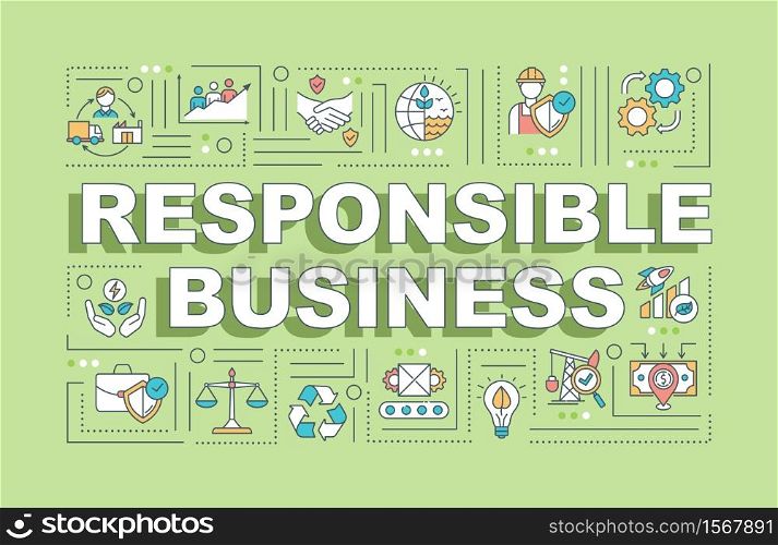 Responsible business word concepts banner. Protection from pollution. Infographics with linear icons on green background. Isolated typography. Vector outline RGB color illustration. Responsible business word concepts banner