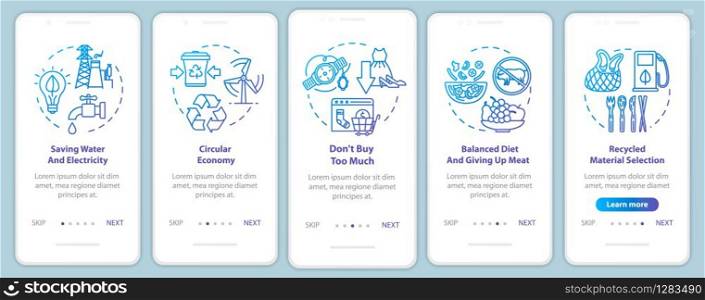 Responsible consumption onboarding mobile app page screen with concepts. Recycle, ecology. Consumerism walkthrough 5 steps graphic instructions. UI vector template with RGB color illustrations