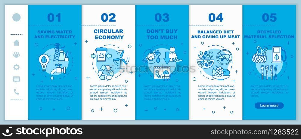Responsible consumptiononboarding vector template. Recycle and ecology. Consumerism and consupmtion. Responsive mobile website with icons. Webpage walkthrough step screens. RGB color concept