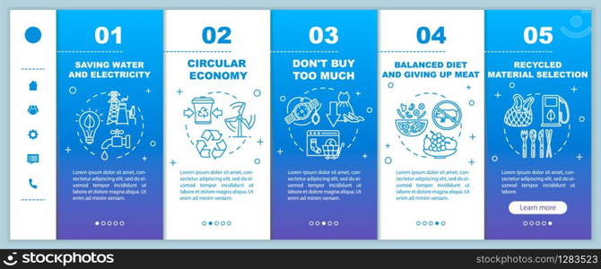 Responsible consumptiononboarding vector template. Recycle and ecology. Consumerism and consupmtion. Responsive mobile website with icons. Webpage walkthrough step screens. RGB color concept