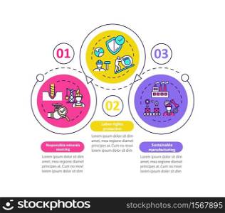 Responsible production vector infographic template. Labor safety presentation design elements. Data visualization with 3 steps. Process timeline chart. Workflow layout with linear icons. Responsible production vector infographic template