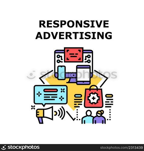 Responsive Advertising Vector Icon Concept. Conceptual Responsive Advertising On Computer Monitor, Tablet And Smartphone Display. Video Media Ads For Attract Client Color Illustration. Responsive Advertising Vector Color Illustration