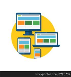Responsive Design Icon Flat Isolated. Responsive design icon flat. Website page dimensions on the screen digital display. Mobile and desktop website design development process with minimalistic digital tablet isolated. Vector illustration